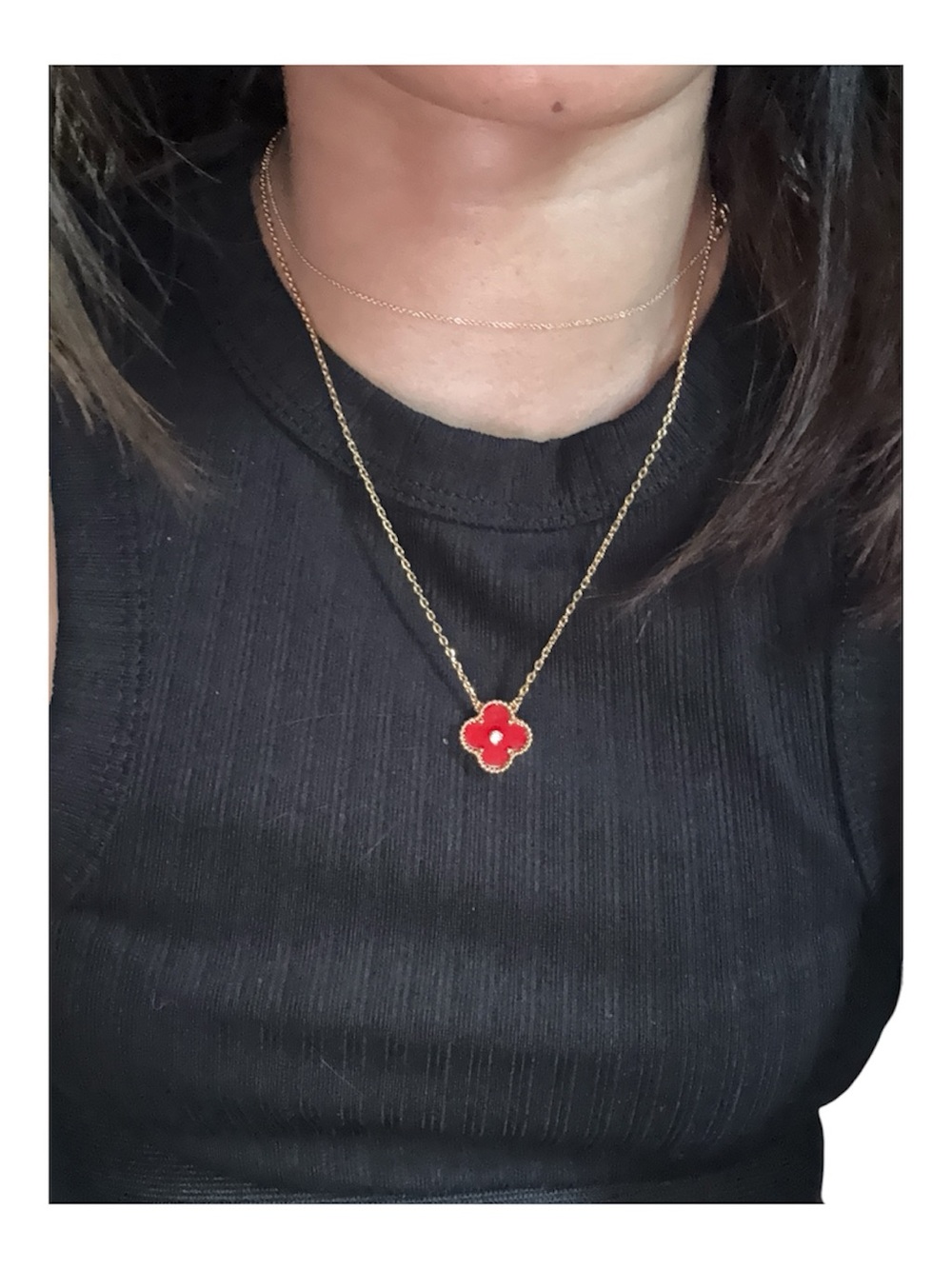 18k Plated Gold Chain Necklace with Red Clover Pendant